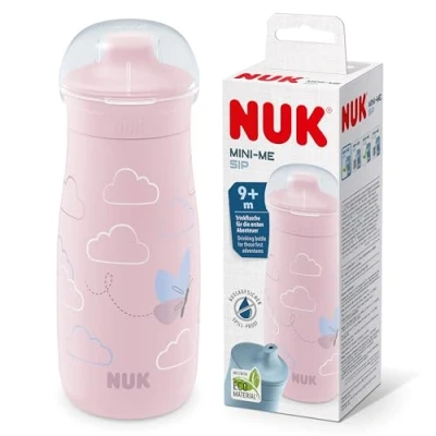 Image of NUK Mini Me Sip Toddler Cup 9+ Months 300 ml Kids Water Bottle Leak Proof Toughened Spout Shatter Pink Butterfly