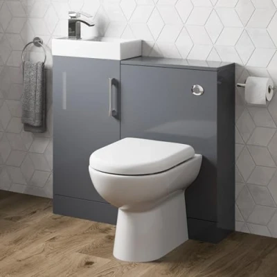 Image of AURORA® 900mm Combination Vanity Unit Furniture Set, Wash Basin Bathroom Sink, BTW Toilet Pan &amp; Soft Close Seat, Storage Cabinet, Reversible, Grey Gloss