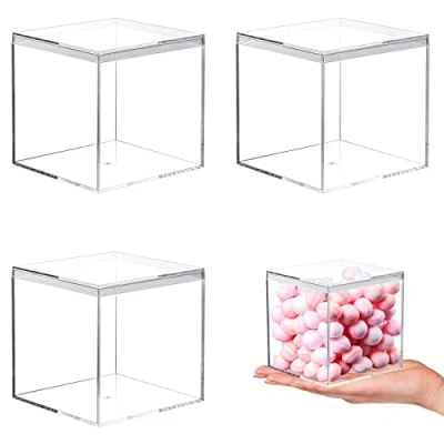 Image of Kamehame Acrylic Boxes for Display 3 Pack Clear Plastic Square Cube, 3.3x3.3x3.3Inch/85x85x85mm Small Box with Lid, Candy Pill and Tiny Jewelry Storage Organize Containers