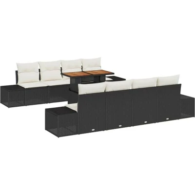 Image of vidaXL 9 Piece Garden Dining Set with Cushions Black Poly Rattan Acacia