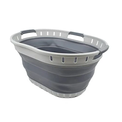 Image of SAMMART 25L Collapsible Plastic Laundry Basket Foldable Pop Up Storage Container/Organizer Portable Washing Tub Space Saving Hamper/Basket (1, Grey/Dark Grey)