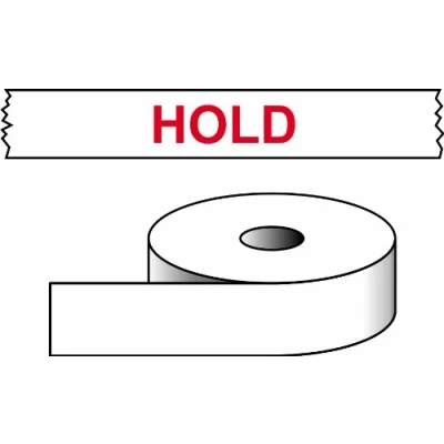 Image of Self Adhesive Hold Pre Printed Tape, Red Text On White Polypropylene, 50mm x 66m Roll