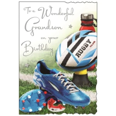Image of Grandson Birthday Card Wonderful Sporty Rugby Design Special Finishes and Illustrated Insert Leaf Made in the UK