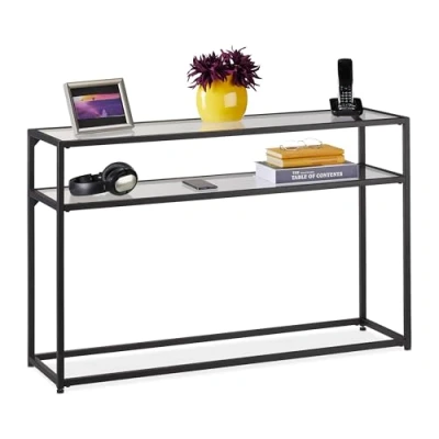 Image of Relaxdays Console Table, 2 Shelves, Hallway &amp; Living Room, Metal, Glass, H x W D: 70 110 30 cm, Black
