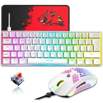 Image of ZIYOU LANG T60 60% White Mechanical Gaming Keyboard and Mouse [UK Layout] RGB Light up Type C Ergonomic Mini 12000 DPI USB Honeycomb PS4 PC Computer Switch Accessories Red