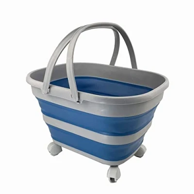 Image of SAMMART 17L Collapsible Basket with Handle Portable Outdoor Picnic Basket/Crater and 360˚ rotating wheels Foldable Shopping Bag Space Saving Storage Container (Grey/Mist Blue)