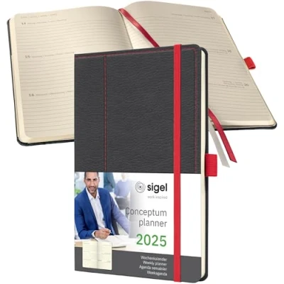 Image of SIGEL C2555 Conceptum Weekly Planner 2025, Design Grey red, 13,5 x 20,3 cm, hardcover, 192 Pages, Grey, red
