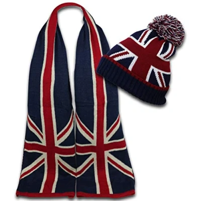 Image of No.1 Gifts [UK SELLER] Unisex Union Jack Bobble Beanie Hat &amp; Full Fingered Gloves Winter Scarf Sets (Scarf Hat)