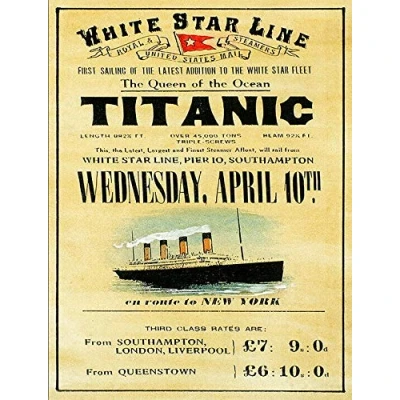 Image of Vintage Retro Titanic inspired Movie 1912 Ship Atlantic White Star Man Cave Pub Shed Bar Novelty Gift Aluminium Metal Tin Wall Décor Sign