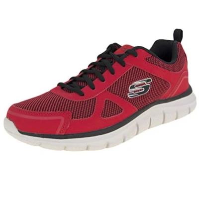 Image of Skechers Men&#039;s Track Bucolo Sports Shoes, Red Leather Black Mesh Trim, 7 UK