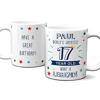 Image of Personalised World’s Greatest Age 17 Mug, 17th Birthday Gift, mug for year old boy, cup Birthday, gift old. Add Name and Message