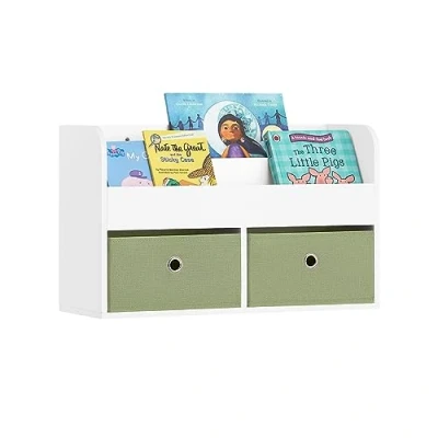 Image of SoBuy KMB81 W, Wall Mounted Storage Shelf Children Kids Book Toy Rack with 2 Fabric Boxes