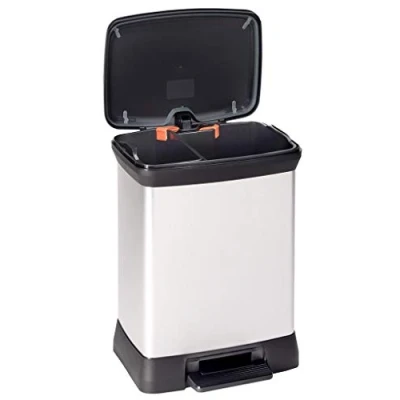 Image of Curver Metal Effect 70% Recycled Kitchen Accessories 30L Duo Recycling Pedal Touch Deco Bin, Silver