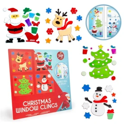 Image of abeec Christmas Window Clings Reusable Decorations Snowman, Tree, Santa and Reindeer Stickers Gel