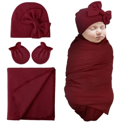 Image of DRESHOW Newborn Receiving Blankets Cotton Warm Sleepsack with Mittens&amp;Bow Hats Hospital Baby Swaddling