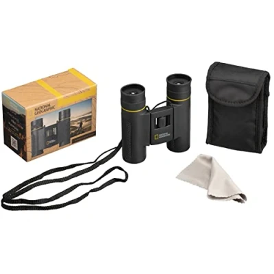 Image of National Geographic 10 x 25 pocket binoculars with foldable eyecups for people who wear glasses, rubber coating, full folding function and transport bag