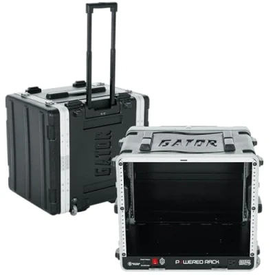 Image of Gator Lightweight Molded 8U Rack Case with Built in Power Supply, Heavy Duty Latches, Retractable Tow Handle, and Recessed Wheels; 19.25&#039; depth, (GRR 8PL US)