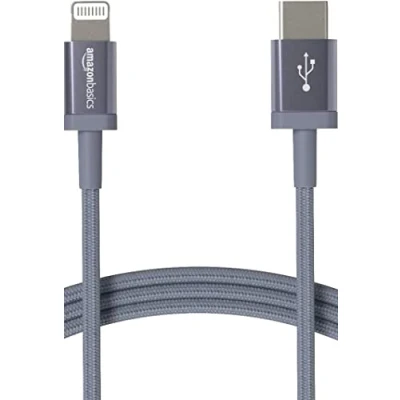 Image of Amazon Basics MFi Certified Fast Charging USB C to Lightning iPhone Charger Cable, Nylon Braided Cord, Compatible for Apple 14 13 12 11 X Xs Pro, Pro Max, Plus, iPad, 0.9 m, Dark Gray