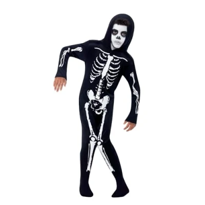 Image of Smiffys Skeleton Costume, Black with Hooded All in One, Halloween Child Fancy Dress, Dress Up Costumes