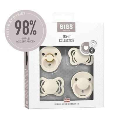 Image of BIBS Try it Soother 4 Pack. BPA Free, Round, Symmetrical and Orthodontic Nipple. Natural Rubber/Silicone, Size 1 (0 6 Months), Ivory
