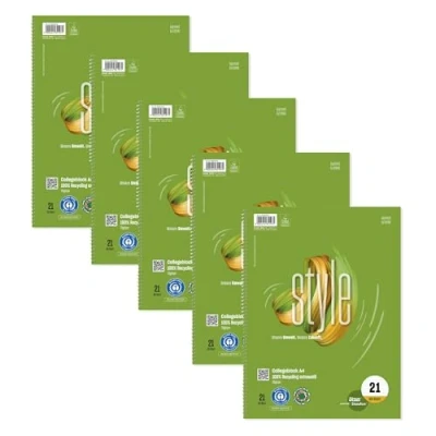 Image of Staufen Ursus Style College Notepad, Pack of 5, DIN A4, Line 21 (9 mm Lined), 80 Sheets, 4 Hole Punch, Premium White 70 g/m² Recycled Paper, Green