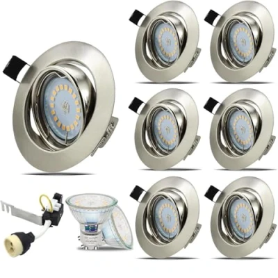 Image of HiBay 6X Round GU10 Downlights Tilt LED Recessed Ceiling Lights Brushed Chrome Spotlights Fitting with 5W Bulbs Cool White 240V