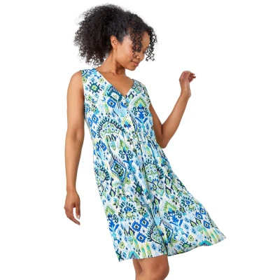 Image of Roman Petite Aztec Print Tunic Shirt Dress for Women UK Ladies Everyday Holiday Spring Summer V Neckline Comfy Soft Evening Vacation Work Party Turquoise Size 18