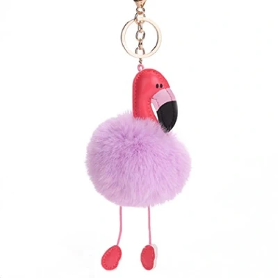 Image of Gemini_mall Pom Keyring, Flamingo Keychain Fluffy Keyring Balls Key Rings Plush Cellphone Bag Charm Pendant Chain Gift Purple