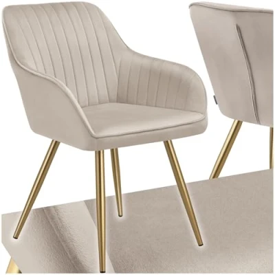 Image of TecTake® Dining Chair with Quilted, Velvet Look Cover, Softly Padded Armchair Continuous Backrest &amp; Golden Steel Legs, Ideal as Kitchen, Living Room, Bedroom Desk Taupe/Gold