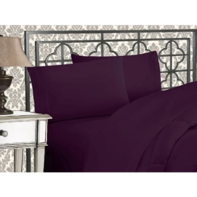 Image of Elegant Comfort Luxurious 1500 Premium Hotel Quality Microfiber Three Line Embroidered Softest 4 Piece Bed Sheet Set, Wrinkle and Fade Resistant, Queen, Eggplant Purple