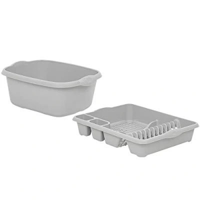 Image of M1SS Combination of Large Dish Drainer Tray Plate Rack Draining Board Stand With 39cm Rectangular Washing Up Bowl Plastic Kitchen Organiser Sink Holder, Grey