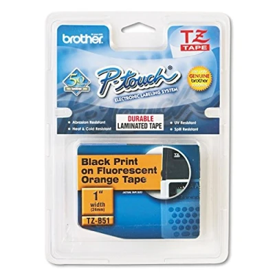 Image of Brother TZe B51 Labelling Tape Cassette, Black on Fluorescent Orange, 24mm (W) x 5M (L), Laminated, Genuine Supplies