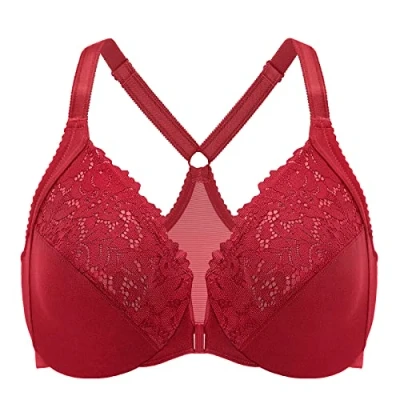 Image of Delimira Women&#039;s Front Fastening Bra Racer Back Lace Plus Size Non Padded Underwired Dark Red 36DD