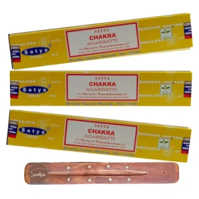 Image of Satya Nag Champa Chakra incense sticks 3 pack with SAMASIA holder Used for Aromatherapy, Spa, Yoga, Weddings, Meditation, Healing, Positivity and Relaxation