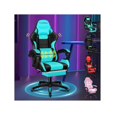 Image of ELFORDSON Gaming Chair with 2 Point Massage XL Lumbar Cushion Headrest Footrest, Comfy Computer Office Chairs Tall Back Recliner Swivel for Home Office, Cyan &amp; Black