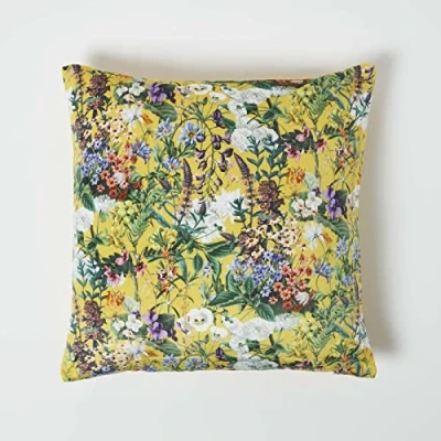 Image of HOMESCAPES Mustard Yellow Reversible Velvet Floral Cushion 46 x cm Filled Decorative Throw Pillow with Botanical Flower Design Insert Included