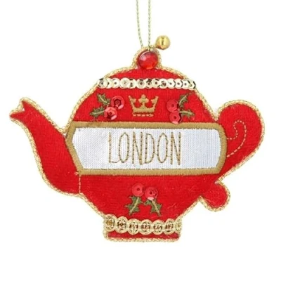 Image of Gisela Graham Red London Teapot Fabric Tree Hanging Decoration