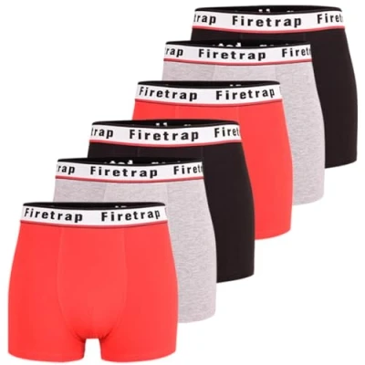 Image of Firetrap Mens 6 Pack Designer Boxer Shorts, Underwear Gift Set Trunks Comfortable Stretch Cotton Plain Colours Briefs Red, Black, Grey S