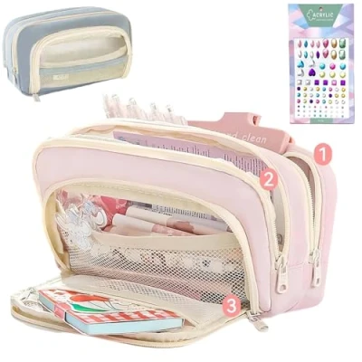 Image of Big Capacity Pencil Case, 3 Compartments Simple Storage Aesthetic Large Pouch Handheld Pen Bag Cosmetic Portable Gift (Pink)