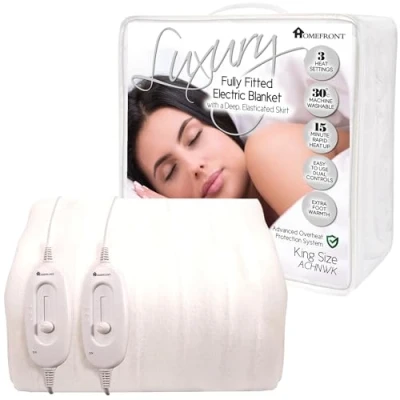 Image of Homefront Electric Blanket King Size Dual Control 152x203 Centimetres Premium Fitted Heated Mattress Cover, Underblanket, Elasticated Skirt, Overheat Protection, Fast Heat Up Machine Washable