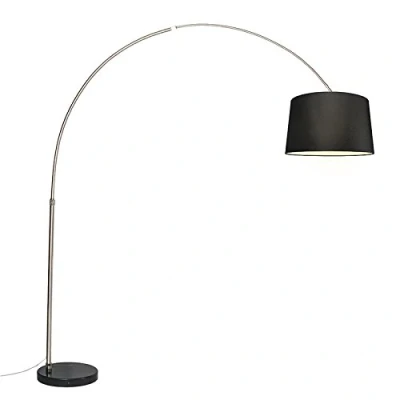 Image of Qazqa Arc Floor lamp I Light Steel Nickel Matt Satin Fabric Shade Black 45 cm XXL Modern Suitable for LED E27 1 Metal Living Room