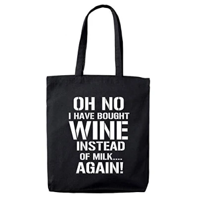 Image of lolmugs Oh No I&#039;ve Bought Wine Again 100% Black Cotton 38x42cm Tote bag Stocking Fillers or Secret Santa Gift for her, women, friend
