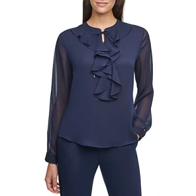 Image of Tommy Hilfiger Women&#039;s Long Sleeve Ruffle Front Blouse, Midnight, XL