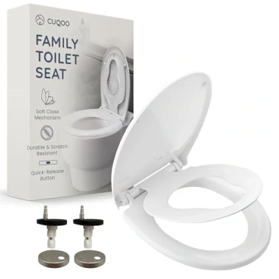 Image of CUQOO Family Toilet Seat Soft Close, Built in Removable Child Potty Training Seat, One Button Quick Release for Easy Cleaning, Universal Fit Adults &amp; Kids Scratch Resistant Oval Design