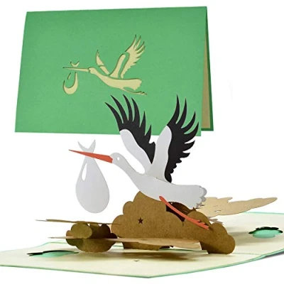 Image of Card Birth Stork Neutral Pop Up Greeting for Mum and Dad Baby Gift Voucher Girl or Boy G23.1