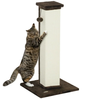 Image of PawHut Cat Scratching Post for Indoor Cats, 81cm Scratcher, Vertical Full Scratcher with Natural Sisal Rope, Hanging Ball and Soft Plush, Brown