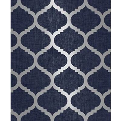 Image of Navy Blue Wallpaper Trellis Geometric Metallic Textured Silver Feature Wall