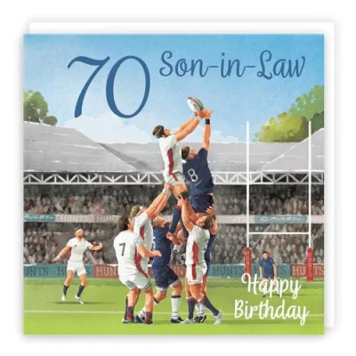 Image of Hunts England 70th Son in Law Rugby Birthday Card Milo&#039;s Gallery Age 70 Sport Fun For Year Old Fan Seventy