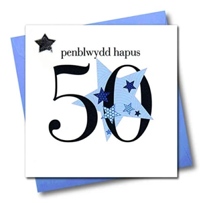 Image of Claire Giles Hearts and Stars Welsh Penblwydd Hapus Happy 50th Birthday Card Blue