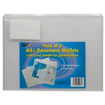 Image of Tiger A4+ Landscape Plus Document Wallet Folders with Card Holder Pack of 3